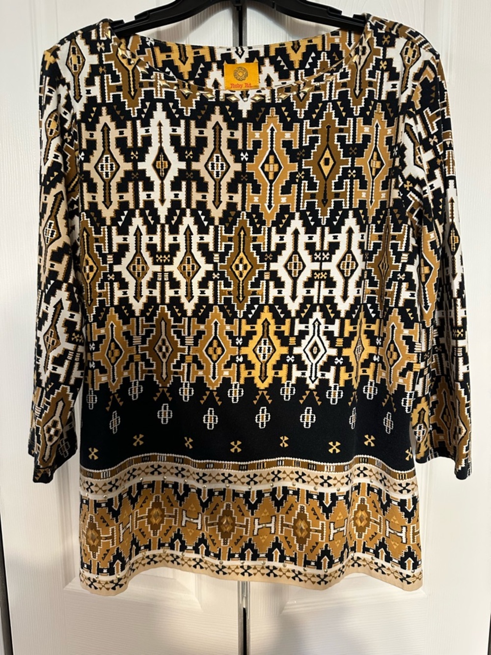 Ruby Rd. Black, Mustard & Cream Geometric Print Women's Top